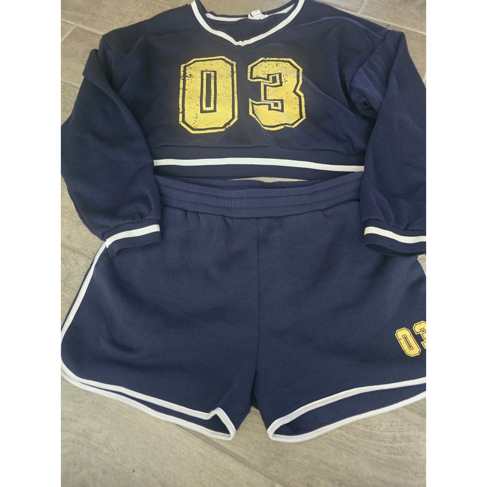 SWS Athletics Womens XL‎ Navy Blue Varsity 03 Cropped Sweatshirt & Shorts Set